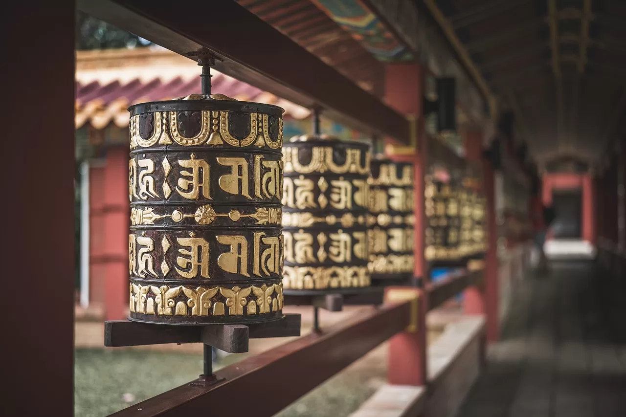 Tibetan prayer wheels in monastery.