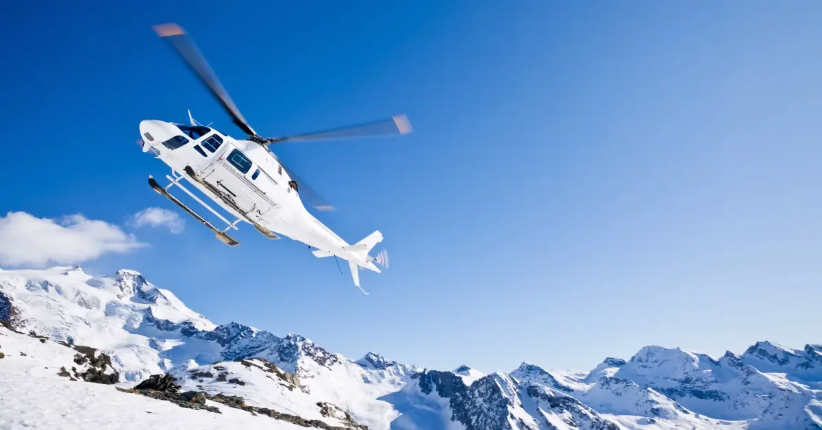helicopter flying over the everest base camp and mount everest.